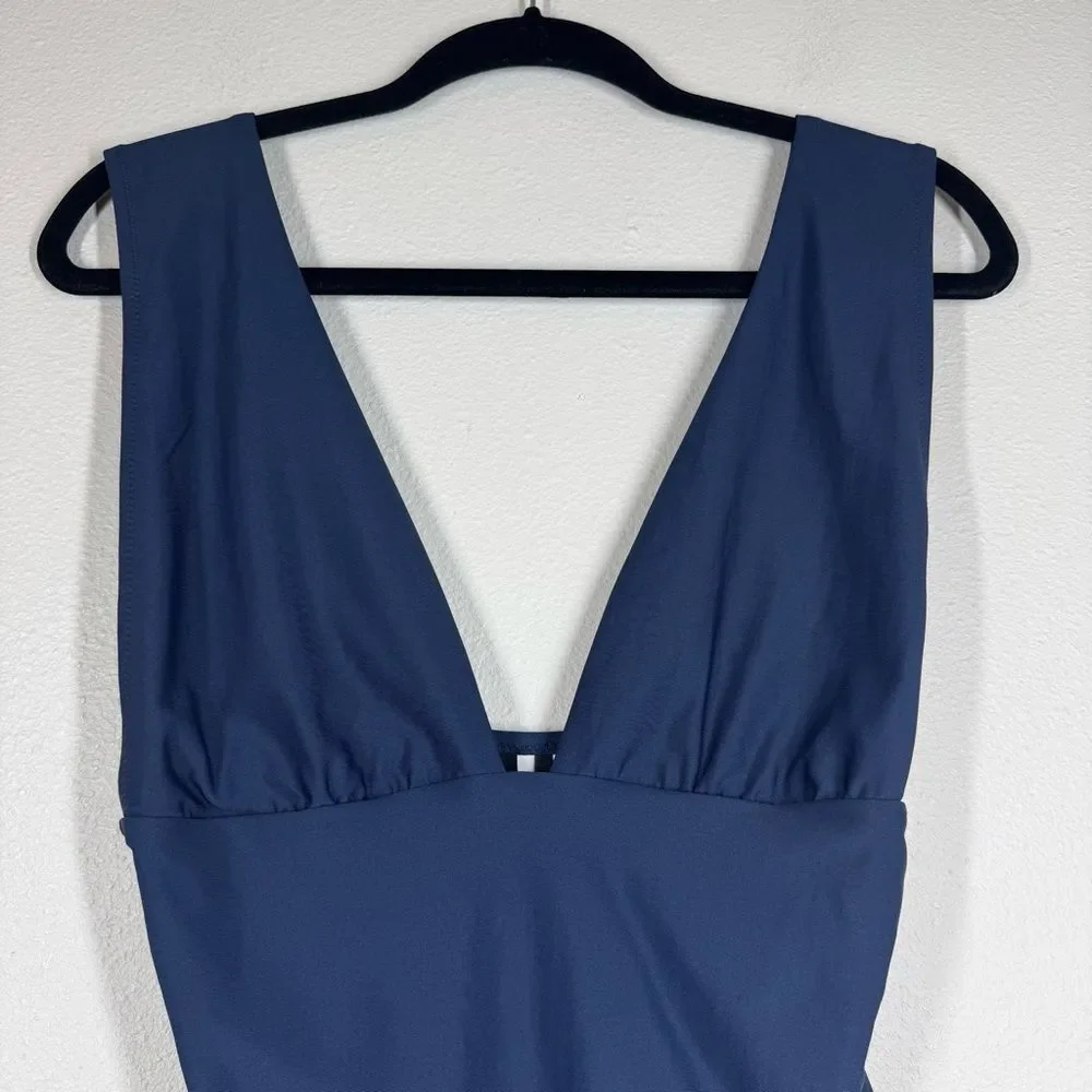 J Crew Tactel Deep V Tank Swimsuit Navy Blue One Piece Size 12 G9417